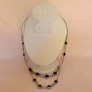 Charming Charlie Navy Blue Bezel Faceted Textured Station Necklace Double Strand